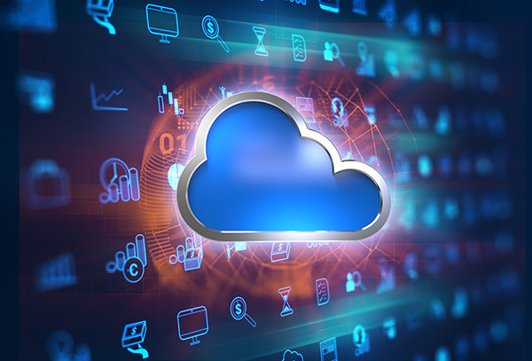 3D rendering of cloud computing system and various tech icons.