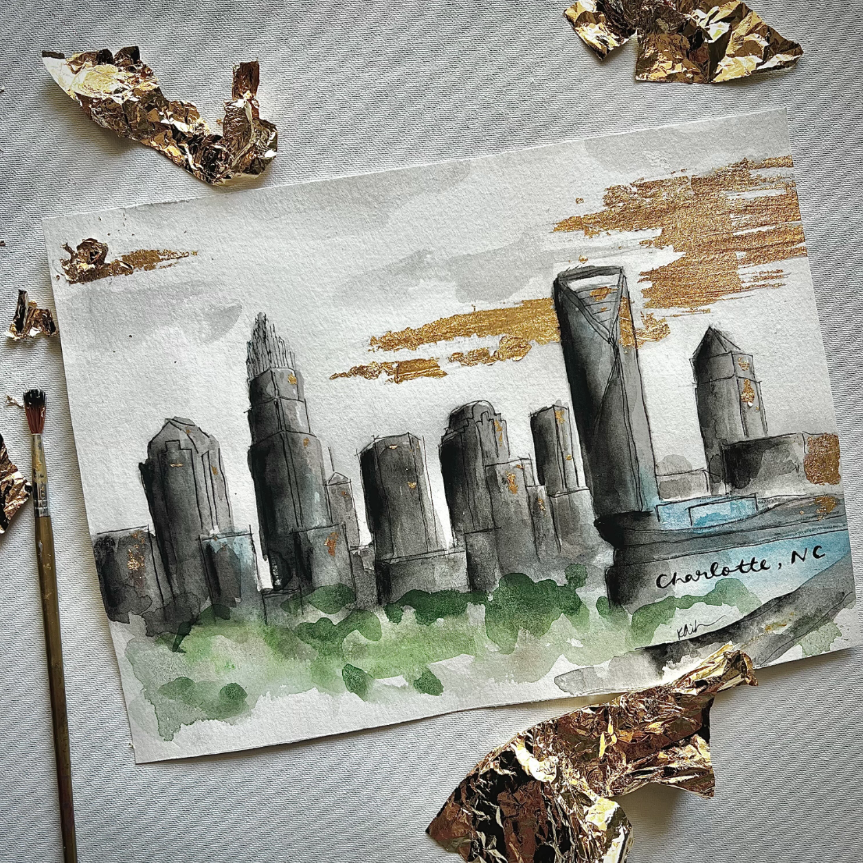Watercolor Skylines with Gold Leaf