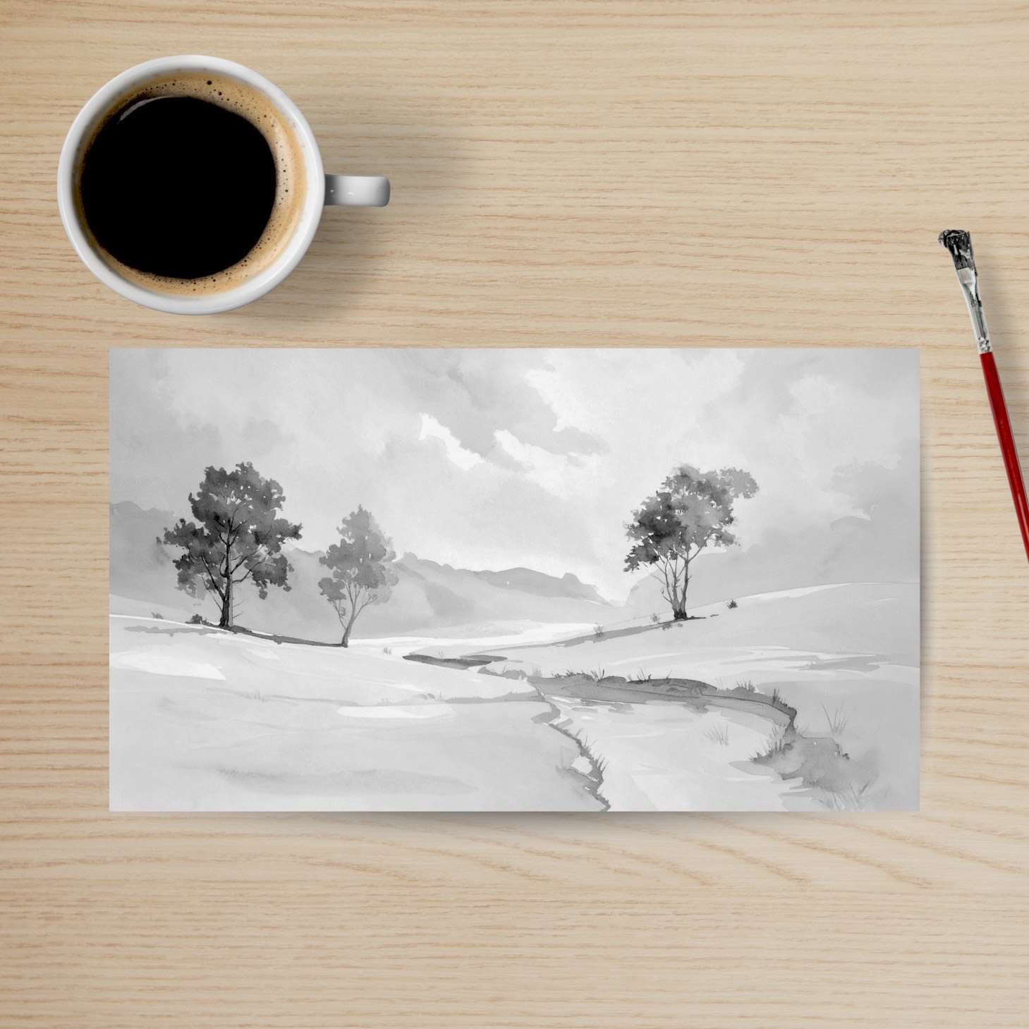 Black and white watercolor landscape
