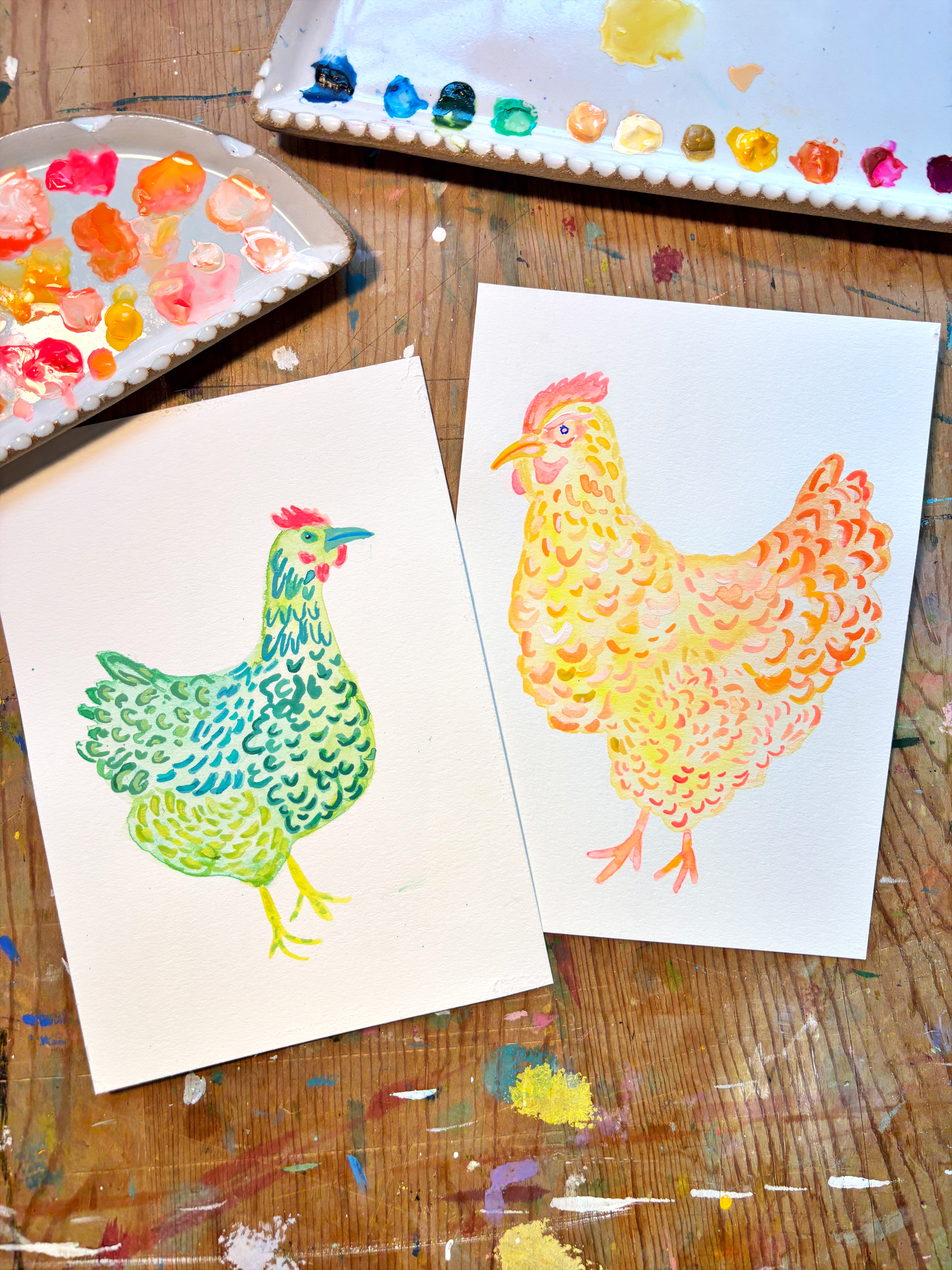 Watercolor & Gouache Chickens