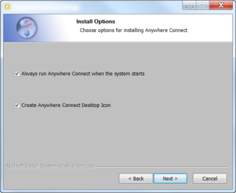 Anywhere Connect Setup Window with Install Options, Back, Next and Cancel buttons - Image opens in full resolution in a new tab