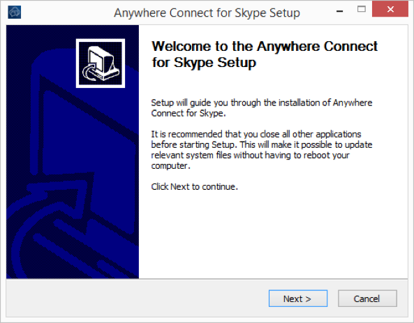 Welcome to anywhere connect Skype Setup installation window with next and cancel options - Image opens in full resolution in a new tab