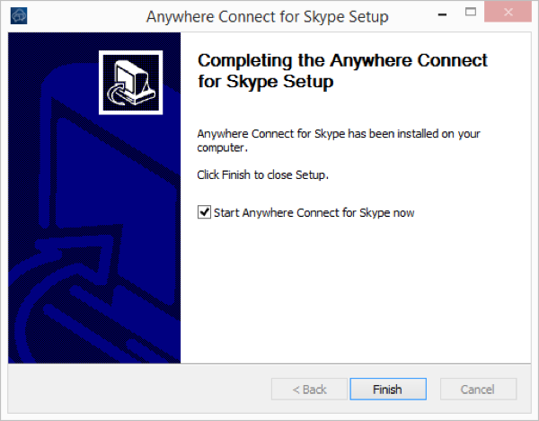 Completing the Anywhere connect for skype setup window with back, finish and cancel buttons. Cancel button highlighted and start anywhere connect for skype now checked off - Image opens in full resolution in a new tab