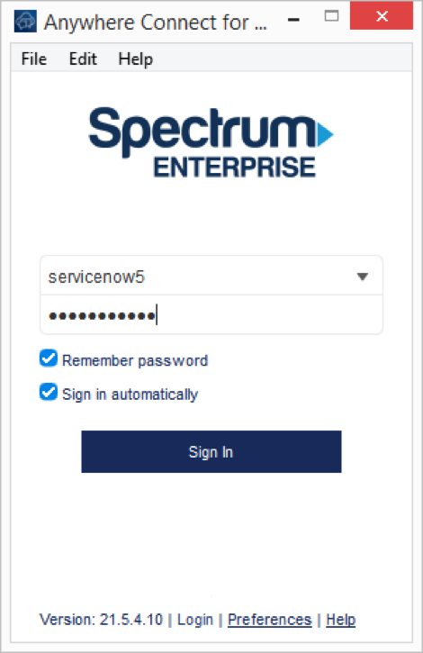 Anywhere connect login screen with Spectrum Enterprise logo, login fields for username and password filled out, remember password and sign in automatically boxes checked off - Image opens in full resolution in a new tab