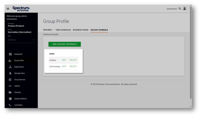 Admin Portal Group Profile view with option to add, edit and delete holiday schedule. Currently Active schedules are highlighte with the option to Edit and Delete. - Image opens in full resolution in a new tab