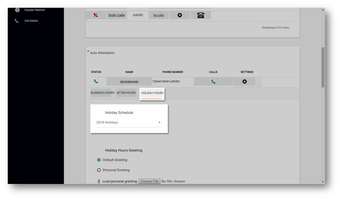 Admin Portal Auto Attendants section with Holiday hours highlighted - Image opens in full resolution in a new tab