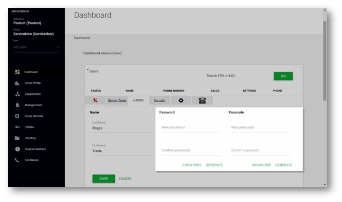 Admin Portal Dashboard with password and passcode show/hide and generate options highlighted. Main navigation along the left hand side consisting of buttons for; Dashboard, Group Profile, Departments, Manage Users, Group Services, Utiltites, Directory, Diaster Redirect and Call Details. - Image opens in full resolution in a new tab
