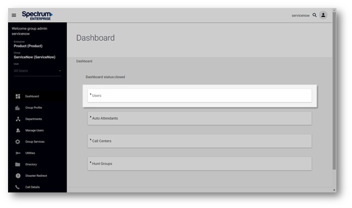 Admin Portal Dashboard view with options for Users, Auto Attendants, Call Centers and Hunt Groups, User section is highlighted - Image opens in full resolution in a new tab