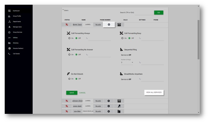 Admin Portal Voice mail settings window with the settings and view all services sections highlighted - Image opens in full resolution in a new tab