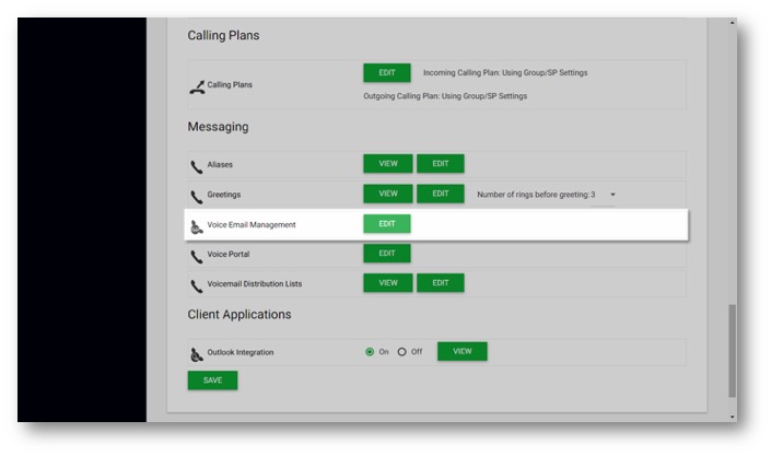 Admin Portal Calling Plans view with Voice Email Management highlighted - Image opens in full resolution in a new tab