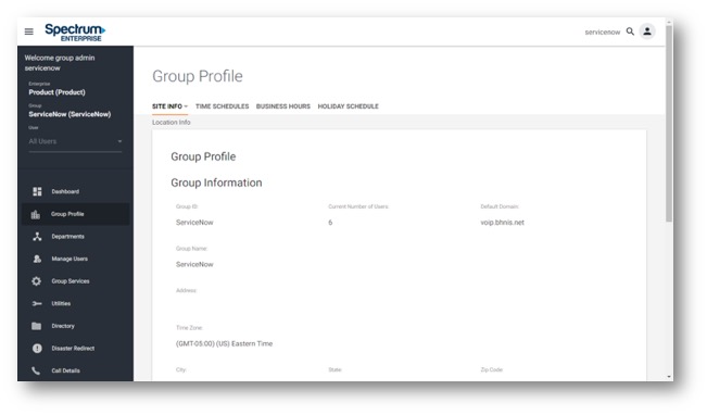 Admin Portal Group Profile view with options for group level information. Main navigation along the Left Hand side consisting of buttons for; Dashboard, Group Profile, Departments, Manage Users, Group Services, Utiltites, Directory, Diaster Redirect and Call Details. - Image opens in full resolution in a new tab