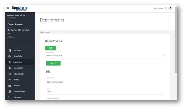 Admin Portal Department view with options to add, edit and delete. Main navigation along the Left Hand side consisting of buttons for; Dashboard, Group Profile, Departments, Manage Users, Group Services, Utiltites, Directory, Diaster Redirect and Call Details. - Image opens in full resolution in a new tab