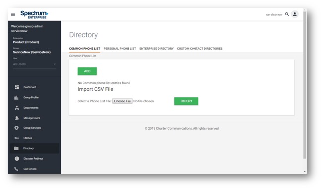 Admin Portal Directory display with add and import csv file option. Main navigation along the left hand side consisting of buttons for; Dashboard, Group Profile, Departments, Manage Users, Group Services, Utiltites, Directory, Diaster Redirect and Call Details. - Image opens in full resolution in a new tab