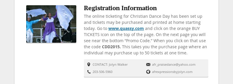 Registration Information
The online ticketing for Christian Dance Day has been set up and tickets...