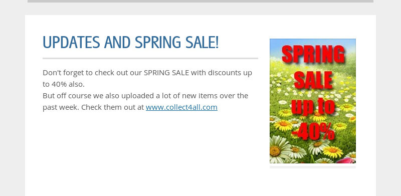 UPDATES AND SPRING SALE!  Don't forget to check out our SPRING SALE with discounts up to 40% also....