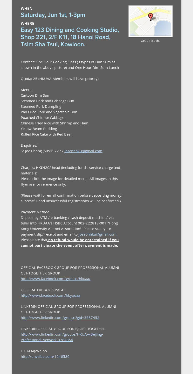 When
Saturday, Jun 1st, 1-3pm
Where
Easy 123 Dining and Cooking Studio, Shop 221, 2/F K11, 18 Hanoi...