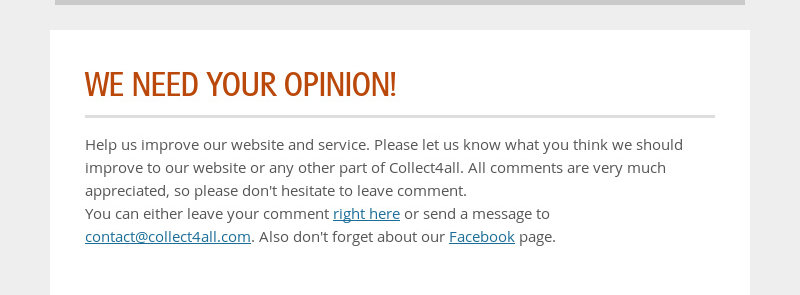 WE NEED YOUR OPINION!  Help us improve our website and service. Please let us know what you think we...