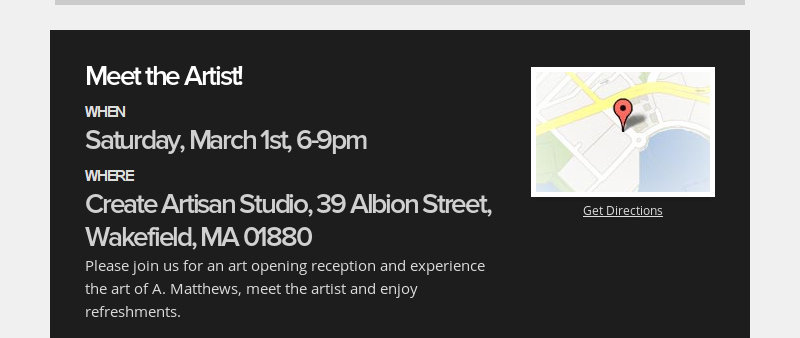 Meet the Artist!
WHEN
Saturday, March 1st, 6-9pm
WHERE
Create Artisan Studio, 39 Albion Street,...