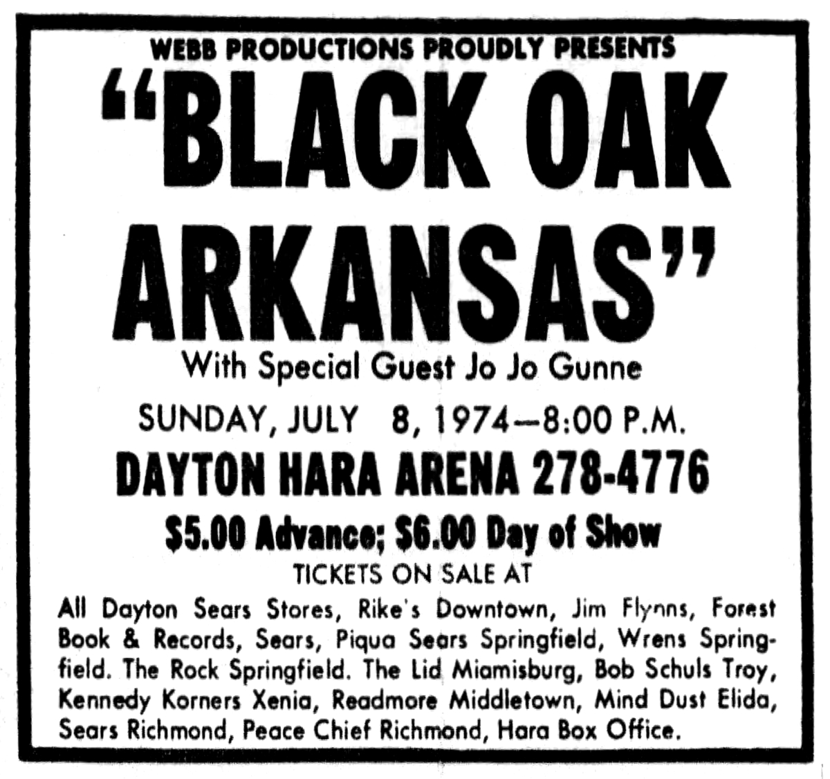 Jul 08, 1974 Black Oak Arkansas / jo jo gunne at Hara Arena Dayton