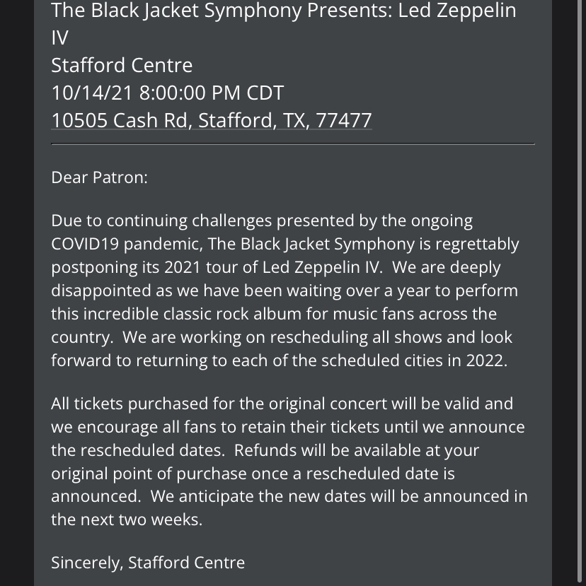 Black Jacket Symphony Schedule 2022 10/20/2022: Black Jacket Symphony: Led Zeppelin Iv At Stafford Centre For  The Performing Arts Houston, Texas, United States | Concert Archives
