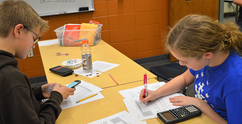 Forest Hills student Dean Raedel, left, and Alyssa Bursch, of Caledonia, team up to figure out a formula