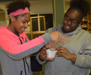 Ninth-graders Shonyah Hawkins and Ja’Nae Matthews extract DNA from a strawberry