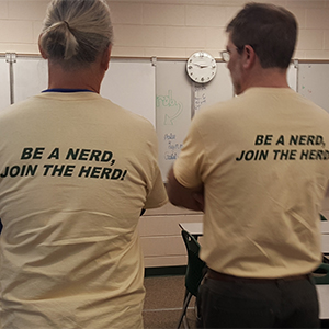 Teachers Dave Staublin and Steve Virkstis recruit students to the Nerd Herd