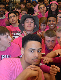 Seniors Darren Dannah (in front) and Mitch Hendrickson (in hat) started the Wolf Pack student section