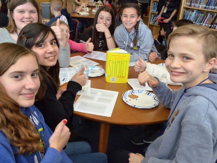 LOW-MS-mock-Newbery-1 This group of judges gave several thumbs-up to the novel “Short” by Holly Goldberg Sloan. The book was selected for a Mock Newbery Honor by Lowell Middle students