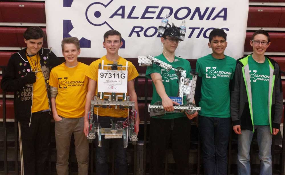 The eighth-graders from the Caledonia Middle School robotics teams, from left: Maxwell Frejeris, Philip George, Grant Peek, Thomas Munson, Zac Eggleton and Colin Pearson