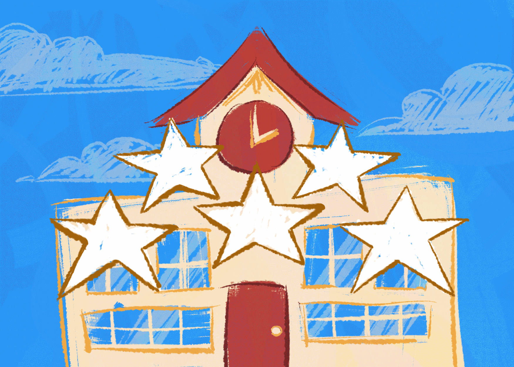 Gif of a pale yellow schoolhouse with five stars on the building on a clear day. The stars fill in one-by-one from left to right.  