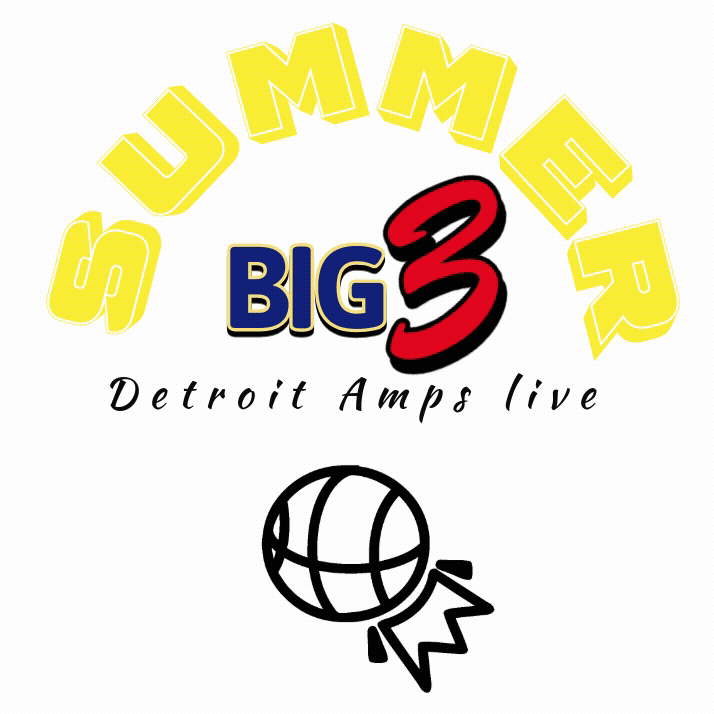 An ad for the Detroit Amps live event has a white background with a black outline of a basketball and a crown at the bottom. At the top, yellow text says “Summer." Underneath, blue text says “Big," and red text next to it shows the number three. “Detroit Amps live” is written in black cursive across the middle of the image.