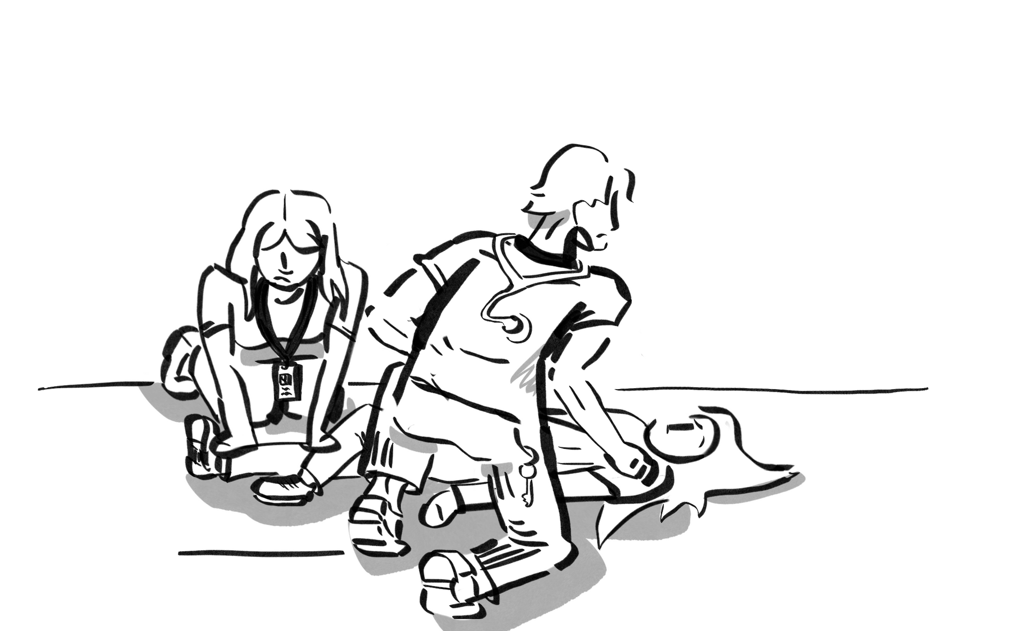 An illustration of two people pinning down a third