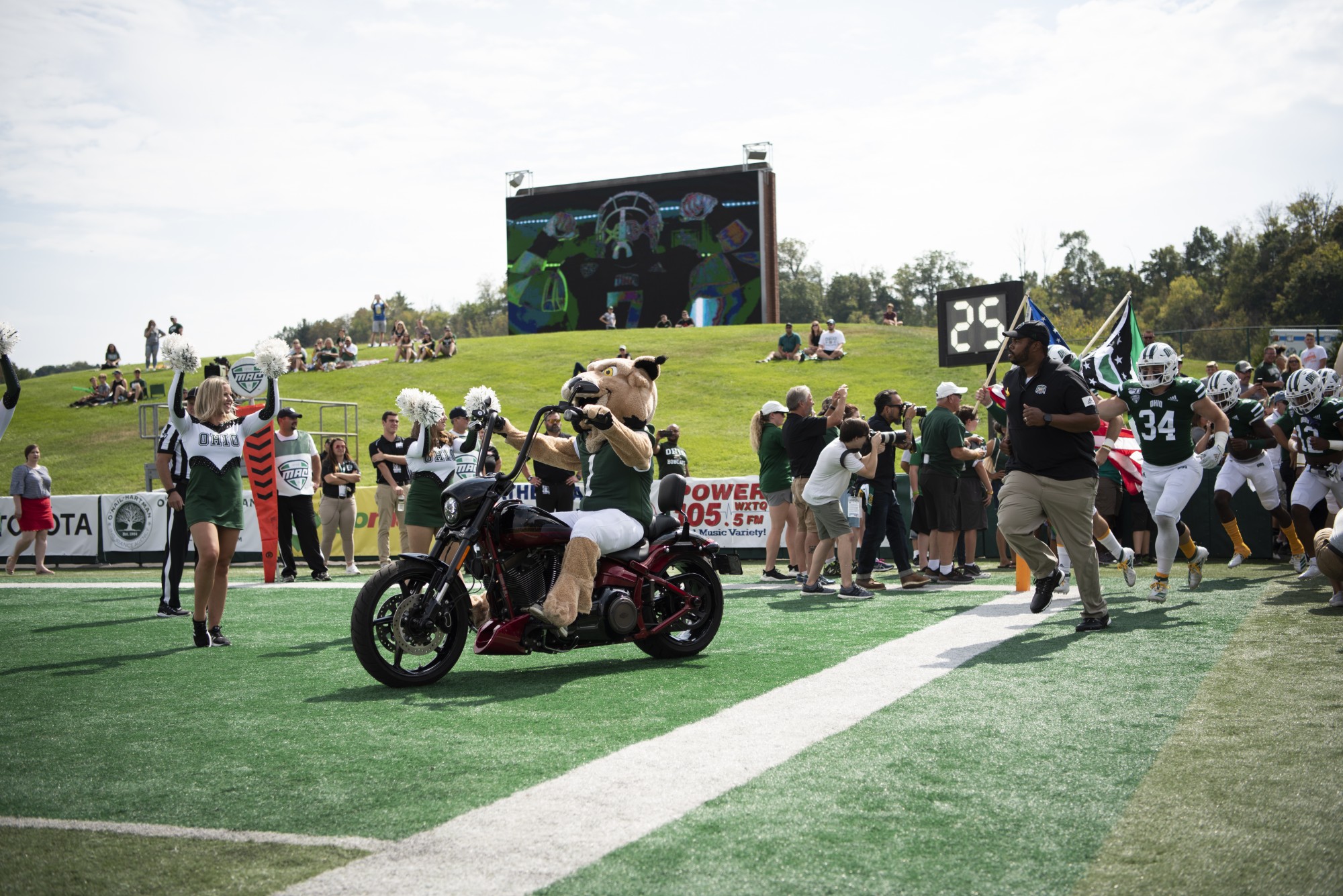 Rufus leads Ohio football players at the start of the Ohio University versus Lousiana-Layfette game on Sept. 21, 2019. (FILE)