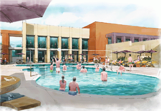 	In this animation, students sit poolside at the recreation area of the proposed south campus housing complex. The Board of Regents approved preliminary materials for the complex, which offers premier housing for 864 students, including in-suite washers and dryers, a workout space and a swimming pool among other amenities.