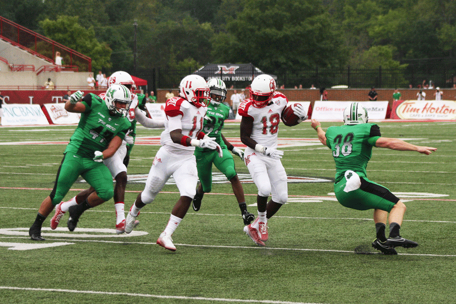 Redshirt sophomore Fred McRae pulls back on the right stick to intitate a back juke during a punt return in Miami’s 42-27 loss to Marshall University. McRae was tackled inside the 10-yard line.  