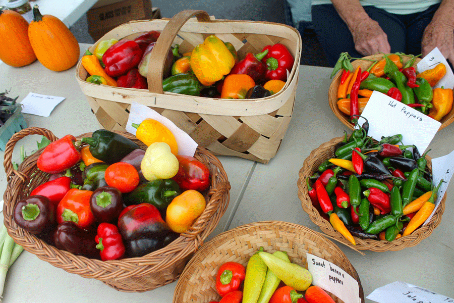 An assortment of fresh peppers are some of many produce options at the Oxford Farmers Market.