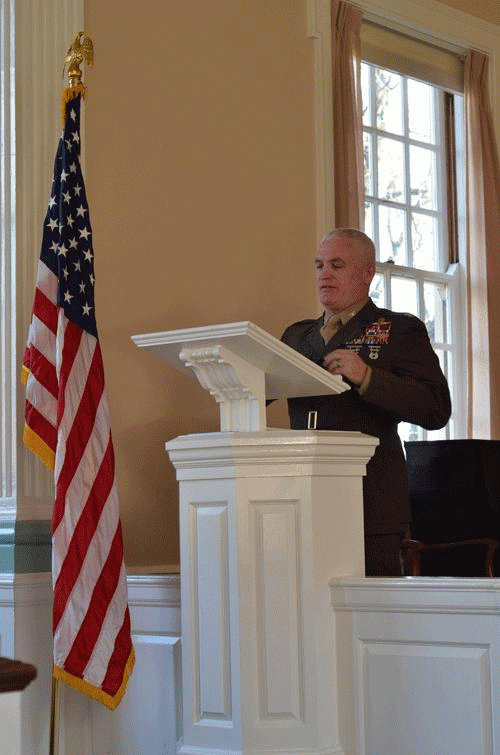 Col. Patrick J. Malay speaks at a Veterans Day ceremony at the Sesquicentenial Chapel Monday. 