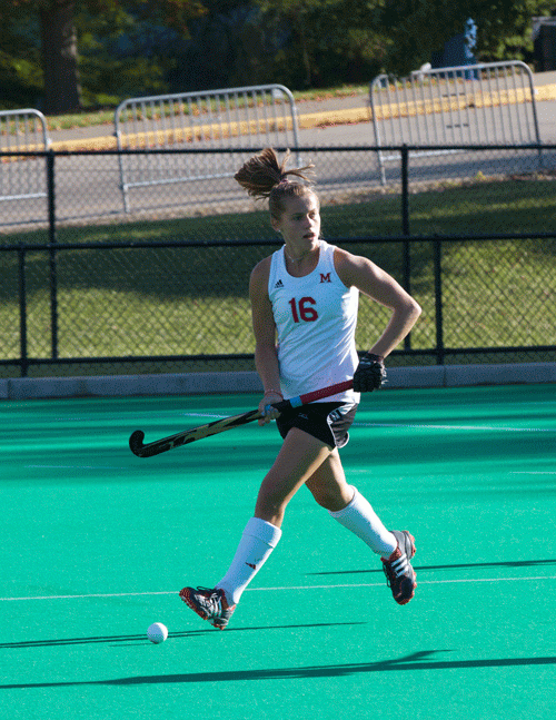 Miami University sophomore midfielder Bea Dechant looks to make a pass during the RedHawks’ 4-1 victory over UC Davis. 