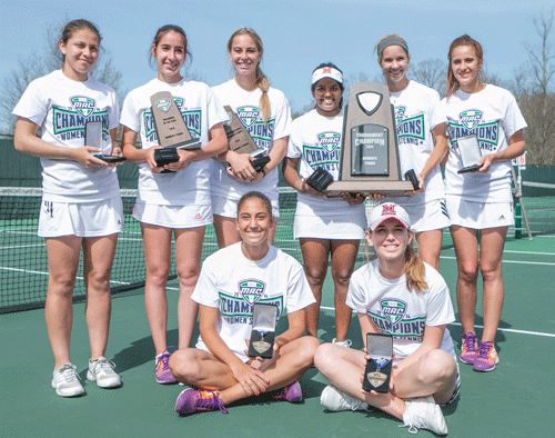 Miami tennis players (from left to right, back to front) Diana Suarez, Andreea Badileanu, Alix Thurman, Nimisha Mohan, Christiana Raymond, Ramona Costea, Ana Rajkovic and Christine Guerrazzi celebrate their MAC title.