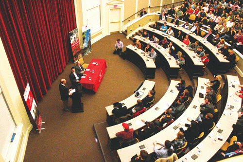 Ari Fleischer engages the audience during the JANUS Forum. Fleischer is a former White House Press Secretary for the Bush Administration and is now a political analyst for CNN. Fleischer discussed democracy in America with Washington Post journalist Ezra Klein. 