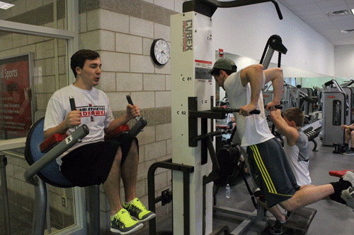 Juniors Noah Gilbert and Travis Lesch put in some time on the exercise equipment in the newly renovated REC.