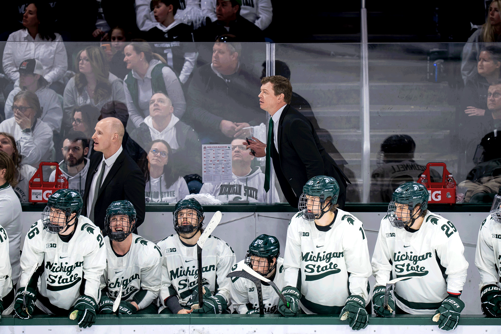 <p>Michigan State hockey head coach Adam Nightingale reacts to the double-overtime winning goal against Ohio State for the Big Ten Hockey Championship at Munn Ice Arena in East Lansing, Michigan on March 22, 2025.</p>