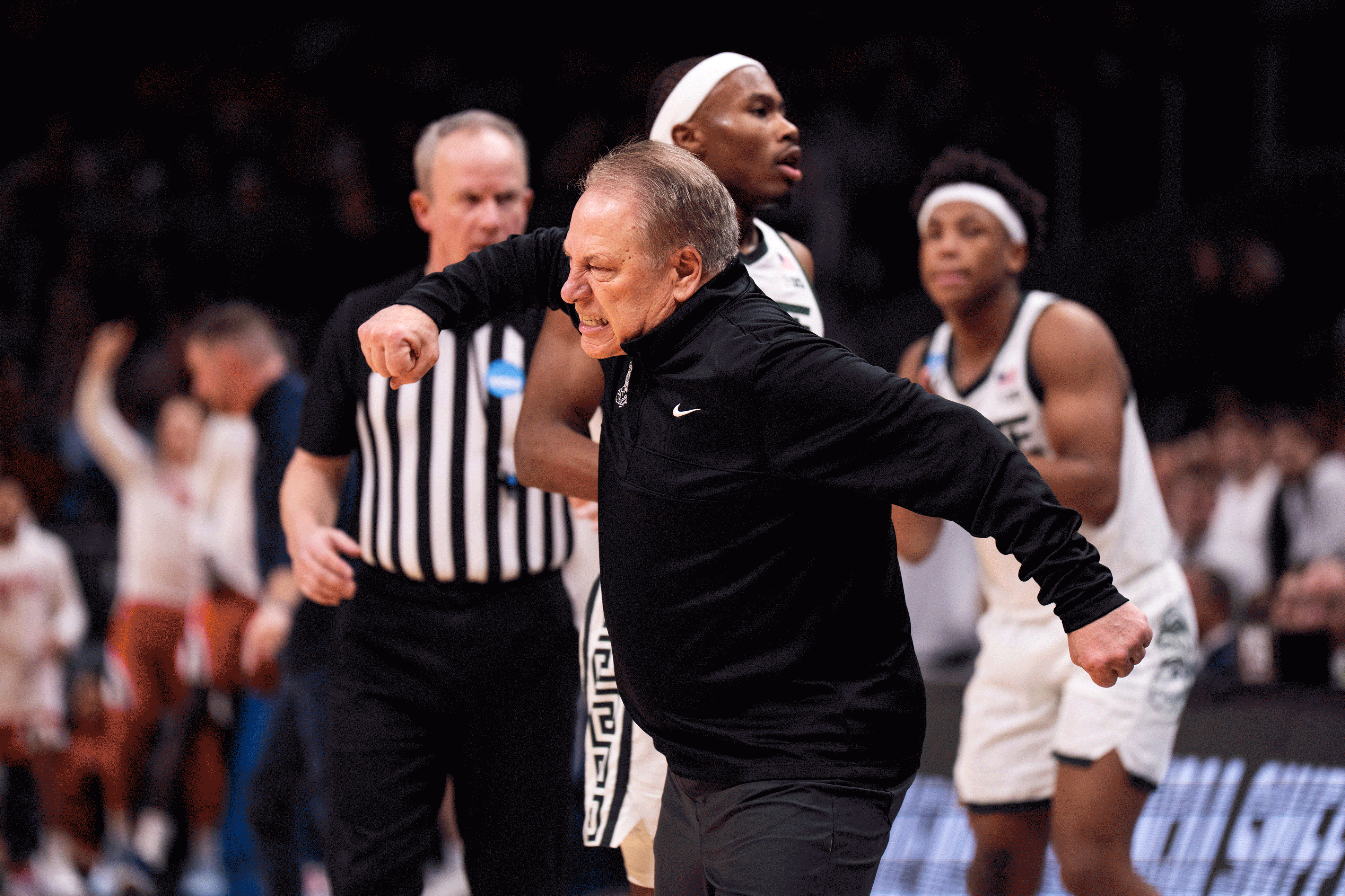 Michigan State men's basketball head coach Tom Izzo pumps his fist in celebration during the Sweet 16 in Atlanta on March 28, 2025.