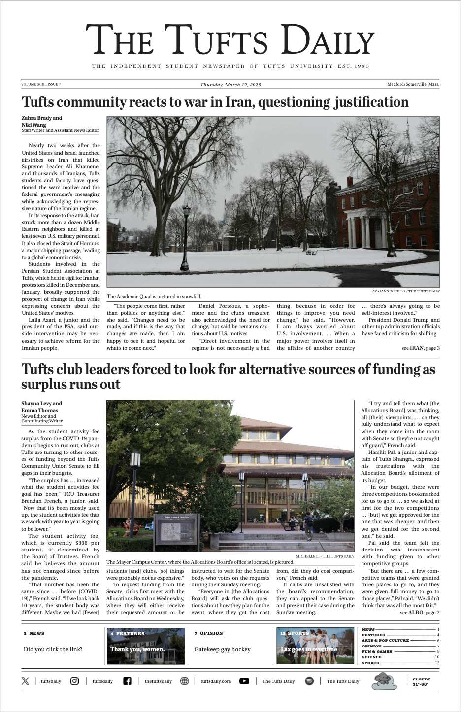 Tufts Daily front page