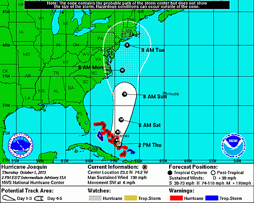 Hurricane Joaquin's expected path, via the the National Hurricane Center as of 2:00 p.m.