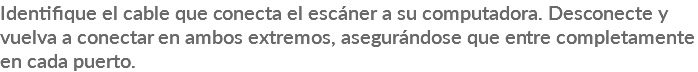 Identifique el cable que conecta el escáner a su computadora. Desconecte y vuelva a conectar en ambos extremos, asegurándose que entre completamente en cada puerto.