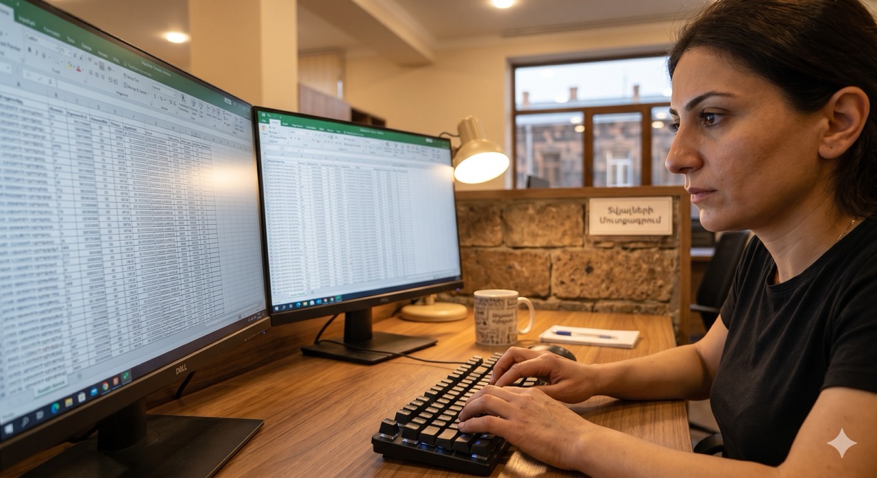 volunteer doing data entry on dual monitors