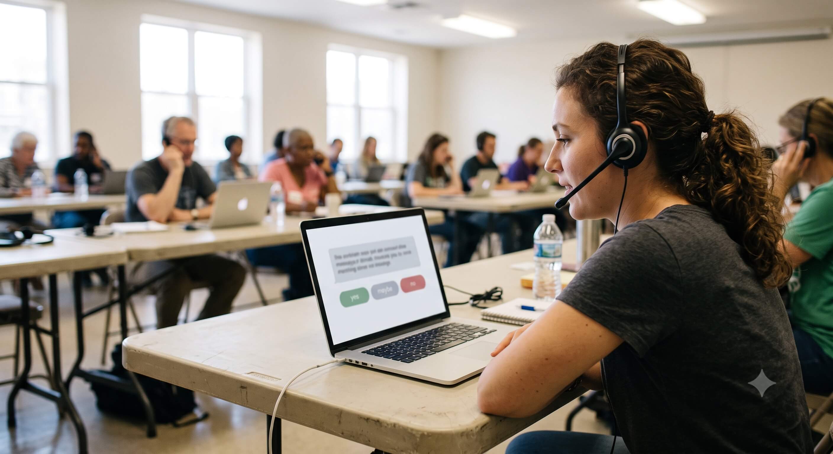 Phone bank volunteer following branching script logic during a live voter conversation