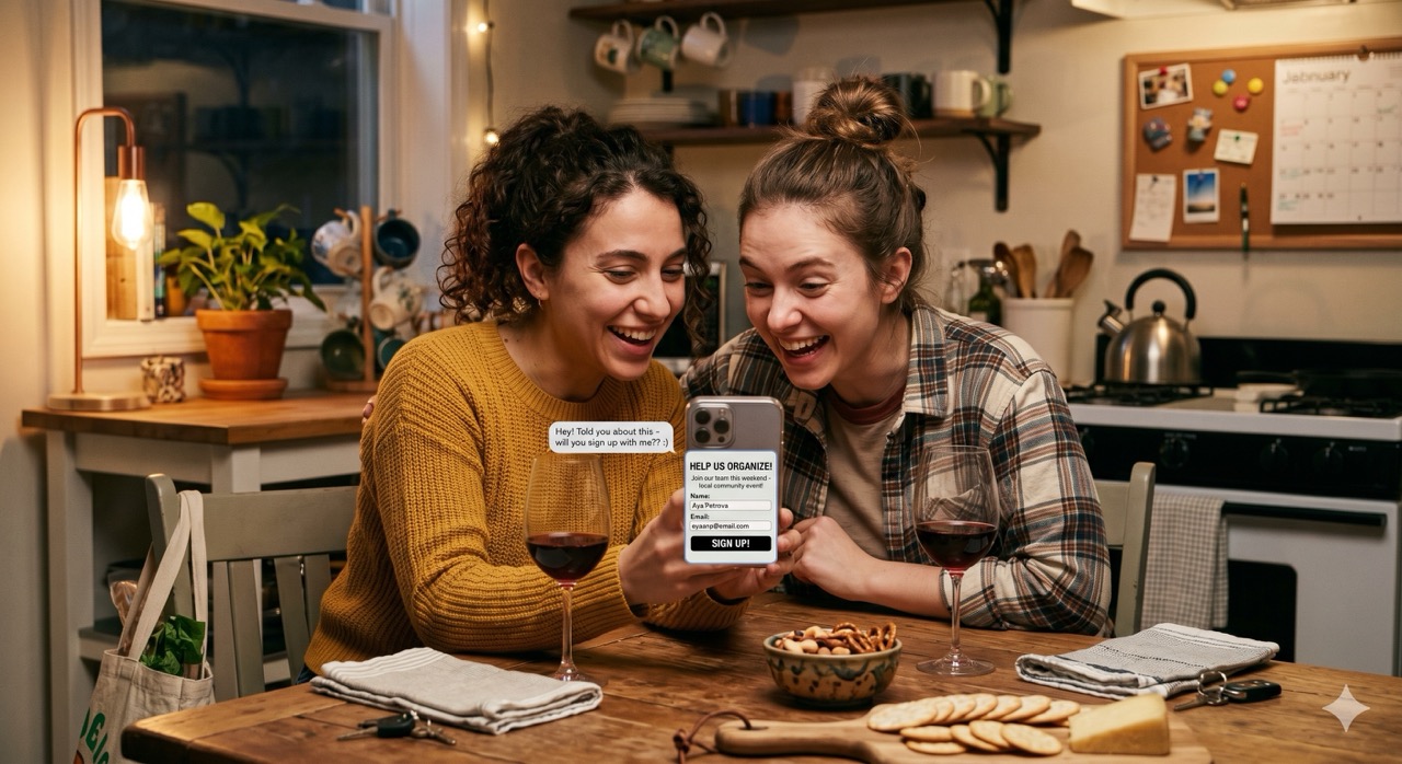 friends discussing campaign volunteering at home